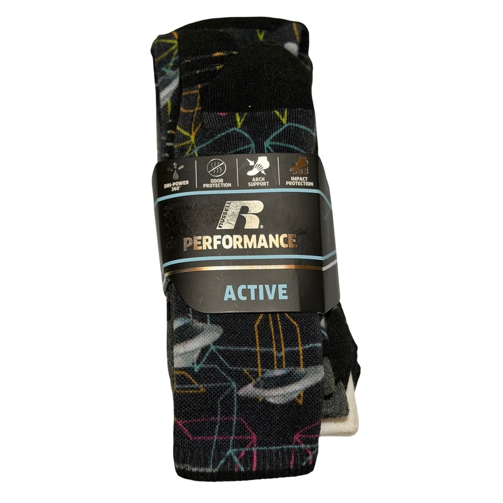 Russell Performance Active Boys Crew Socks Black Space UFO Pattern 3 Pair L Boys